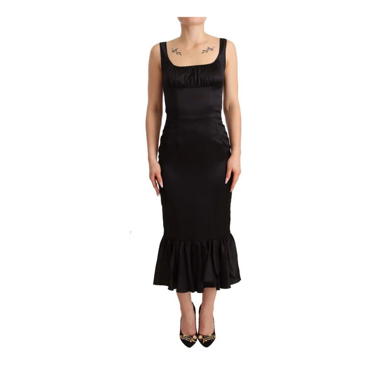 Czarna Jedwabna Sukienka Ołówkowa Midi w Stylu Syrenki Dolce & Gabbana