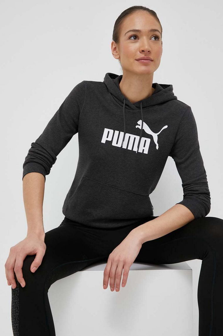 Puma bluza damska kolor szary z kapturem z nadrukiem 586791