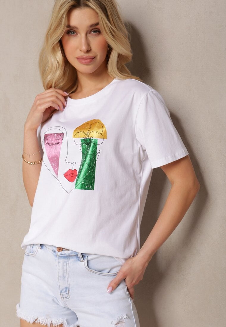 Biały T-shirt z Bawełny z Krótkim Rękawem Ozdobiony Nadrukiem Lavessa