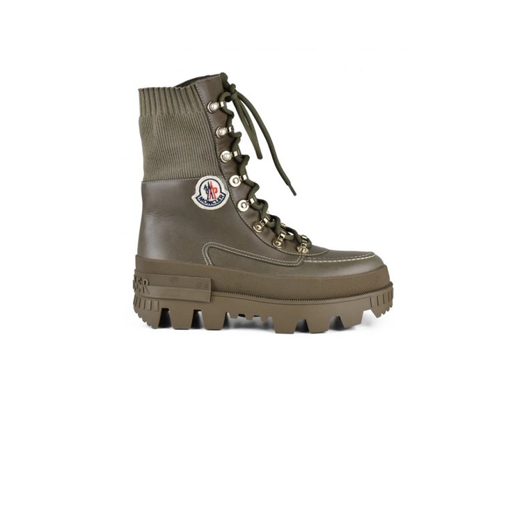 Khaki Skórzane Buty na Sznurowadła z Szczegółami z Siatki Moncler