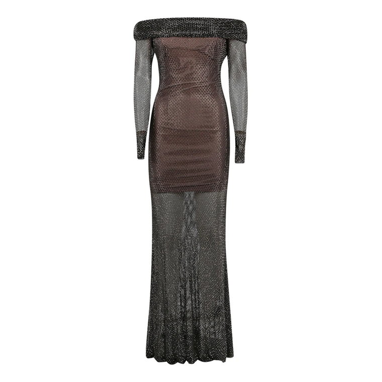 Elegancka Sukienka Maxi z Kamieniami Rhinestone i Siateczką Self Portrait