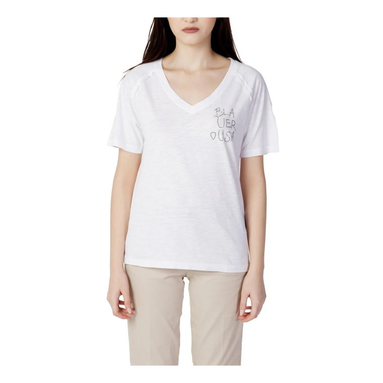 Biała T-shirt Damski z Dekoltem w Szpic Blauer