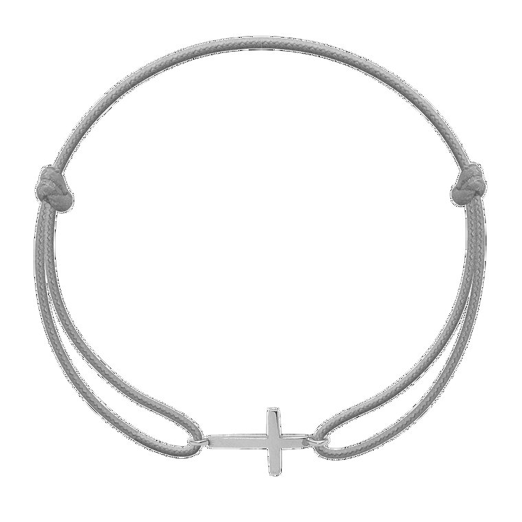 Bransoletka ze srebrnym krzyżykiem na cienkim jasnoszarym sznurku