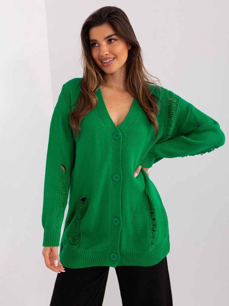 Sweter rozpinany zielony casual dekolt w kształcie V rękaw długi guziki