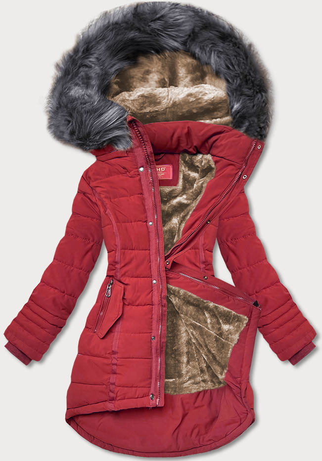 Asymetryczna kurtka zimowa damska ciemnoczerwona (M-21301)