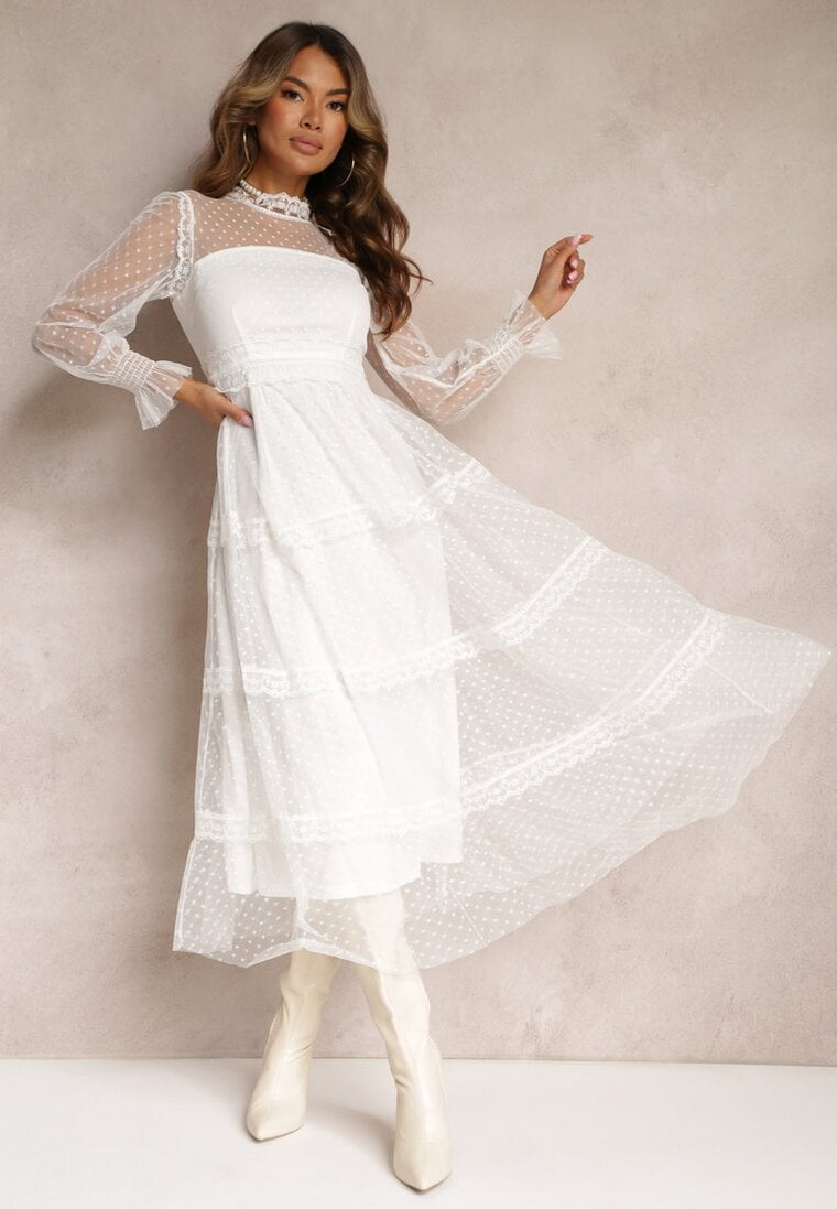 Biała Koronkowa Sukienka Rozkloszowana z Falbanką Faberlla