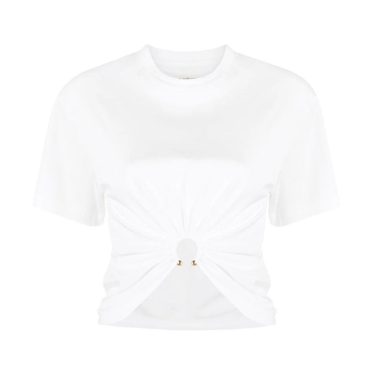Biała Crop T-shirt z Złotym Pierścieniem Paco Rabanne