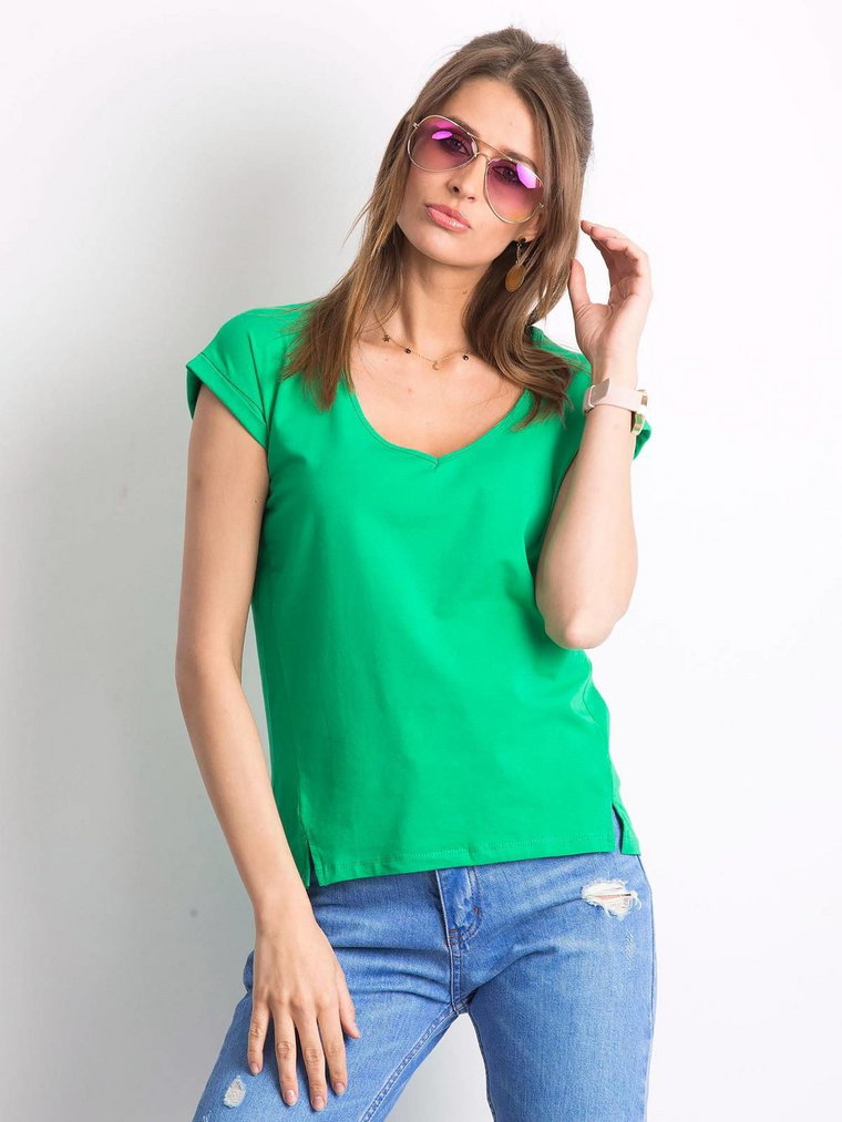 T-shirt jednokolorowy zielony casual dekolt w kształcie V rękaw krótki