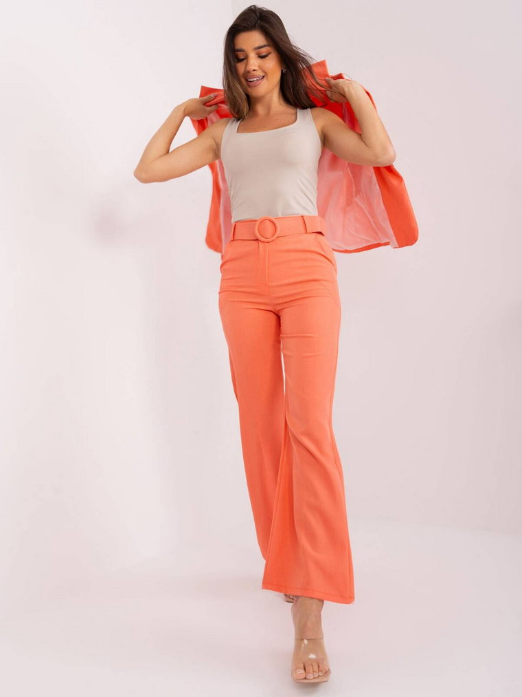 Spodnie z materiału fluo pomarańczowy elegancki nogawka szeroka pasek
