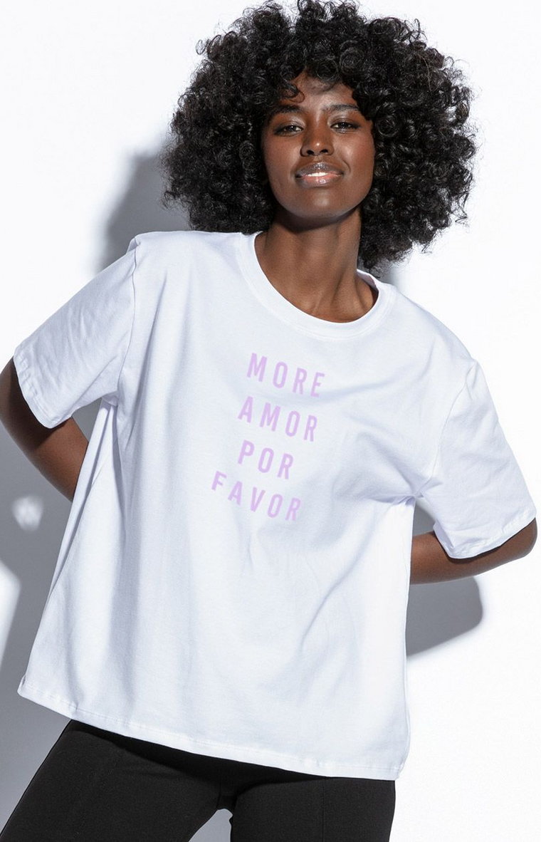 T-shirt damski z krótkim rękawem i fioletowym napisem F1829, Kolor biało-fioletowy, Rozmiar L/XL, Fobya
