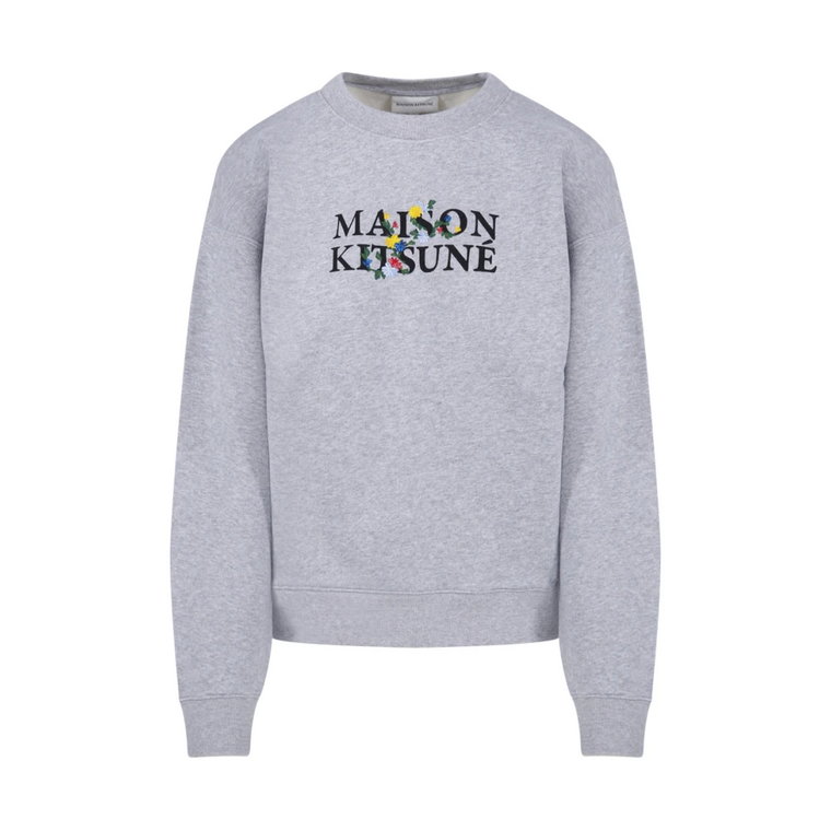 Komfortowy Sweter z Kwiatami H120 Jasnoszary Melanż Maison Kitsuné