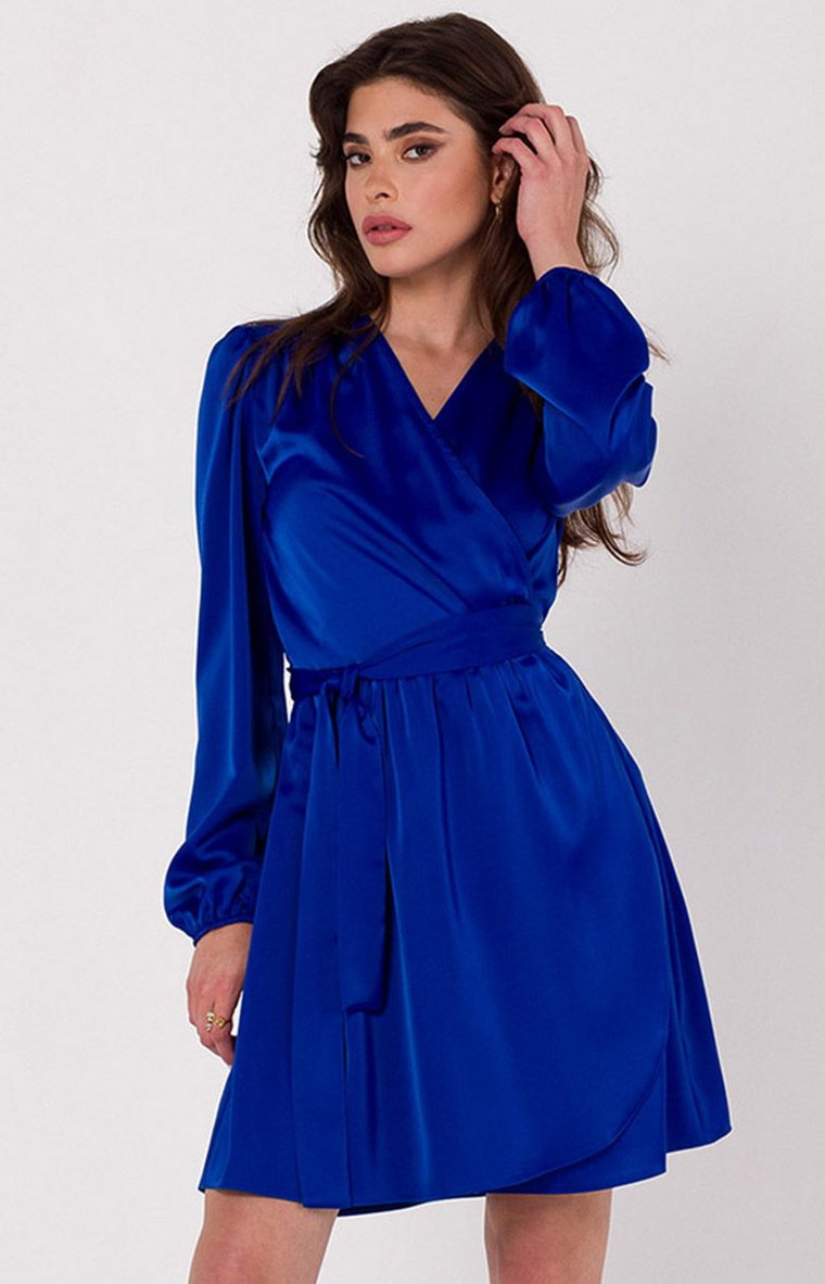 Rozkloszowana sukienka satynowa w kolorze szafirowym K175, Kolor szafirowy, Rozmiar L/XL, makover