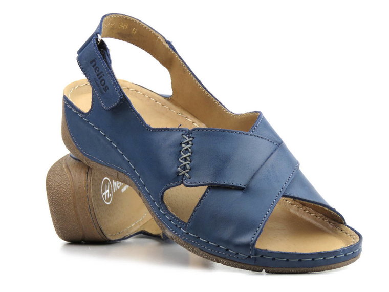 Skórzane sandały damskie ze skrzyżowanymi paskami - HELIOS Komfort 229-1, granatowe