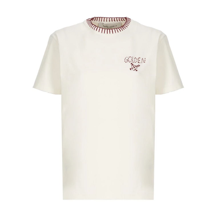 Iworyjna koszulka z haftowanym okrągłym dekoltem Golden Goose