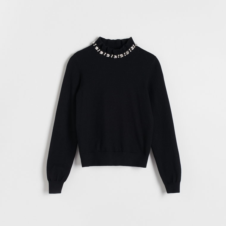 Reserved - Sweter z biżuteryjną aplikacją - czarny