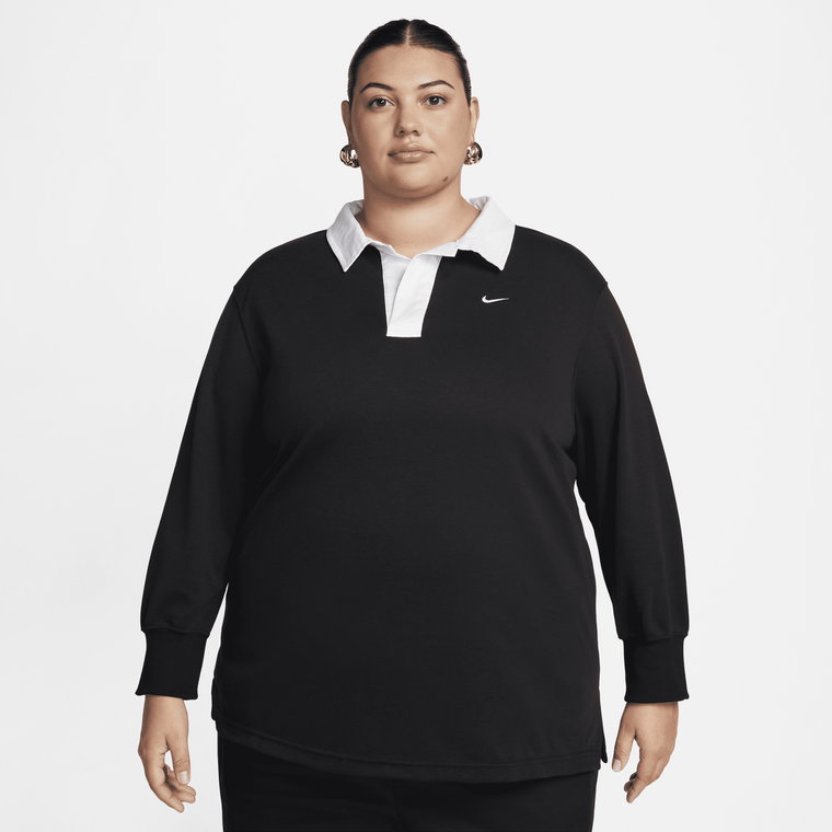 Damska koszulka polo z długim rękawem o kroju oversize Nike Sportswear Essential (duże rozmiary) - Czerń