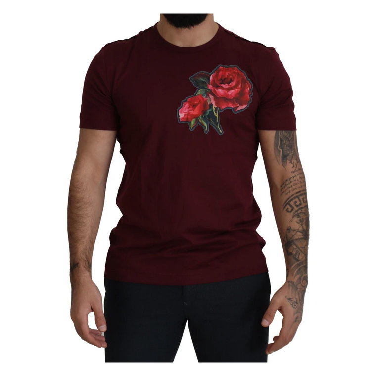 Bordeaux Roses Bawełniany T-shirt z okrągłym dekoltem Dolce & Gabbana