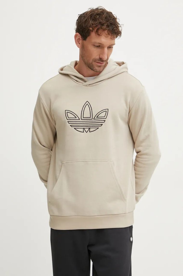 adidas Originals bluza bawełniana Outline Hoodie męska kolor beżowy z kapturem z nadrukiem JJ1505