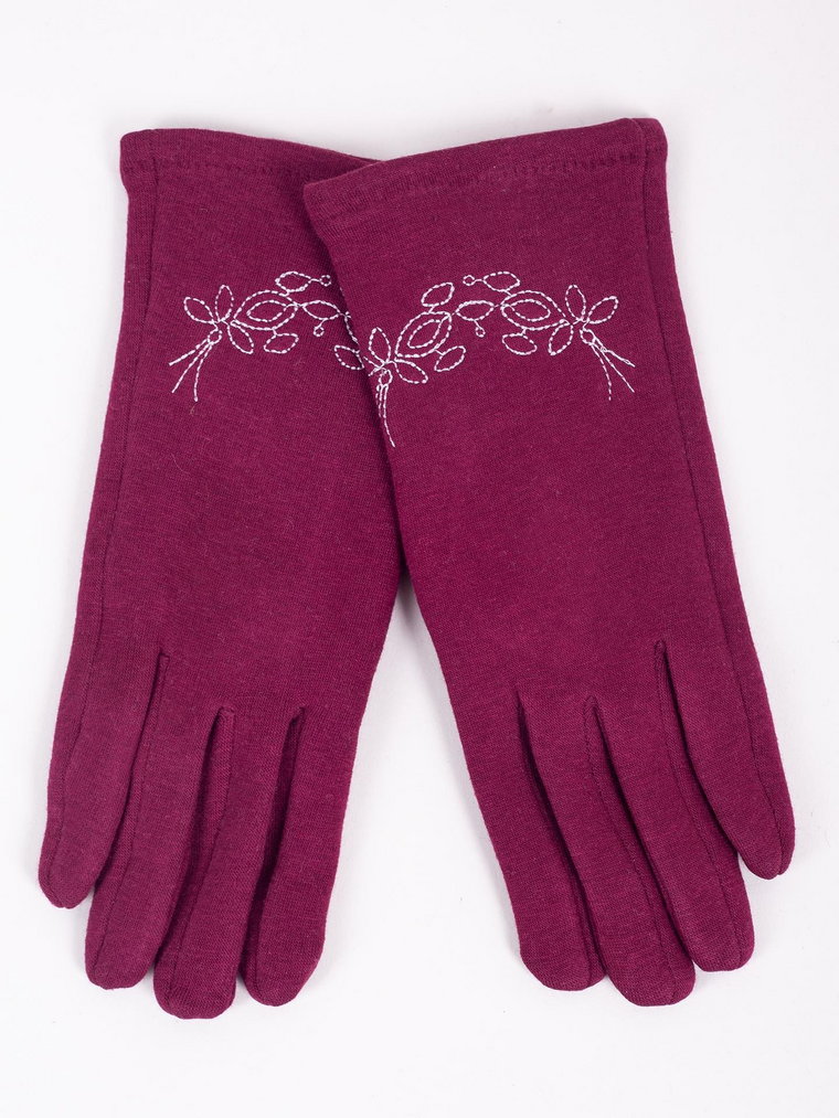 Rękawiczki damskie burgundowe haft wzór dotykowe 24