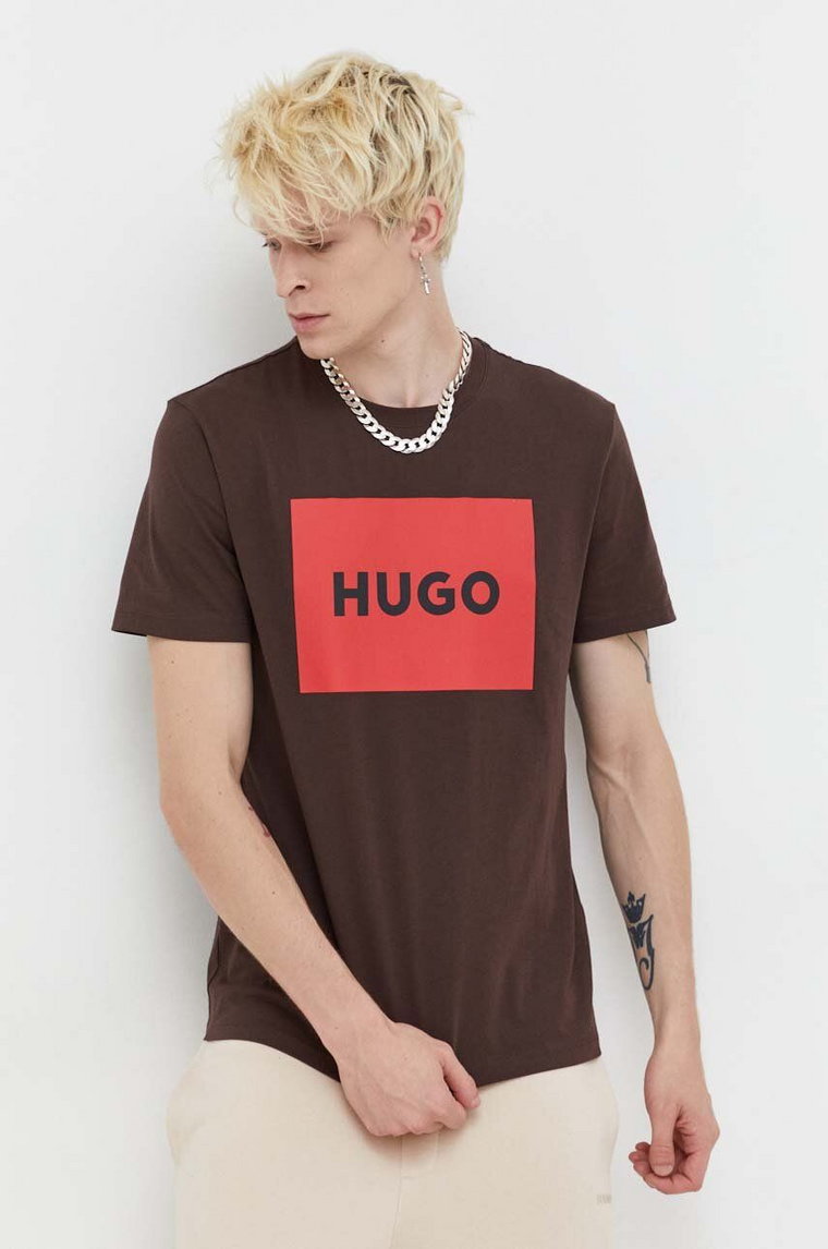 HUGO t-shirt bawełniany kolor brązowy z nadrukiem