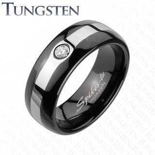 Tungsten czarny pierścionek - srebrny pas, cyrkonia - Rozmiar : 49