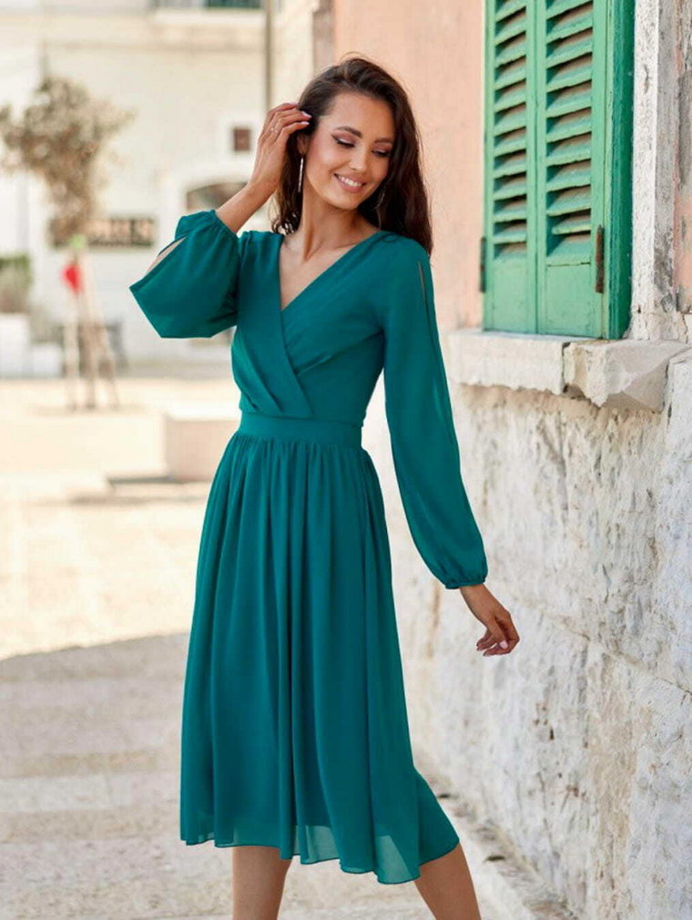 Elegancka zielona szyfonowa sukienka z długim rękawem Luca2