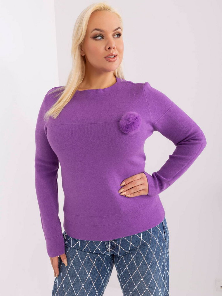 Sweter plus size fioletowy casual dekolt okrągły rękaw długi pompon