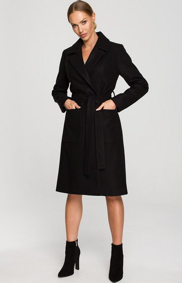 Czarny płaszcz z wełną o klasycznym kroju z paskiem M708, Kolor czarny, Rozmiar L, MOE