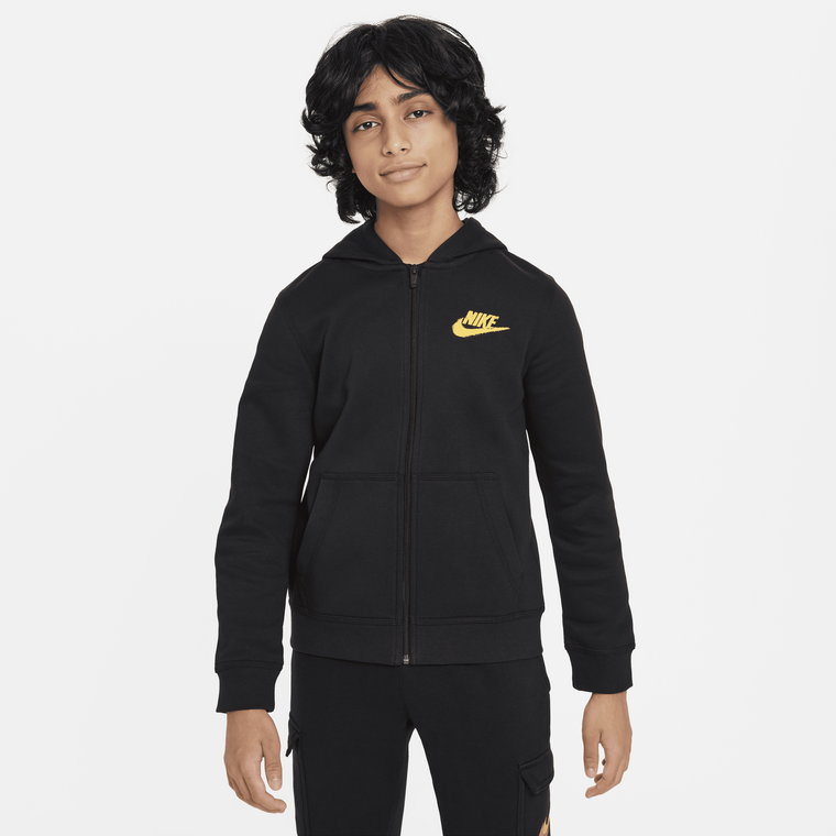 Dzianinowa bluza z kapturem, grafiką i zamkiem na całej długości dla dużych dzieci (chłopców) Nike Sportswear - Biel