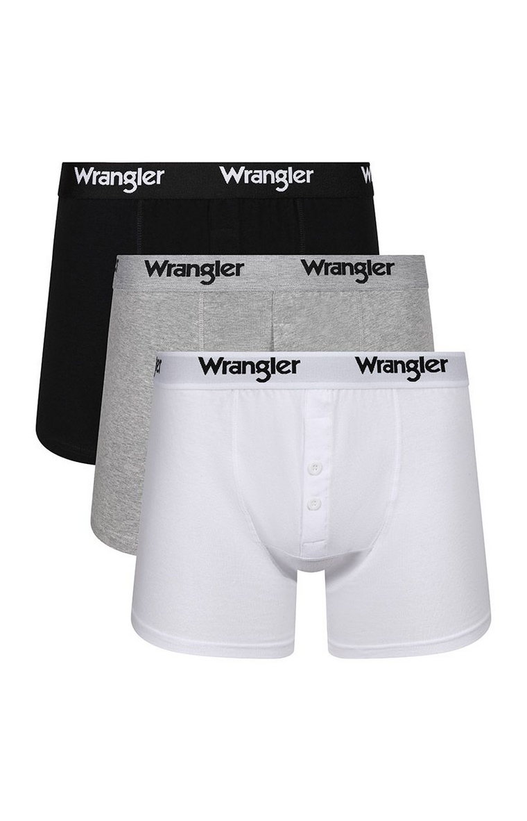 Wrangler 3-pack bawełniane bokserki long na guziki Tait, Kolor biało-szaro-czarny, Rozmiar M, Wrangler