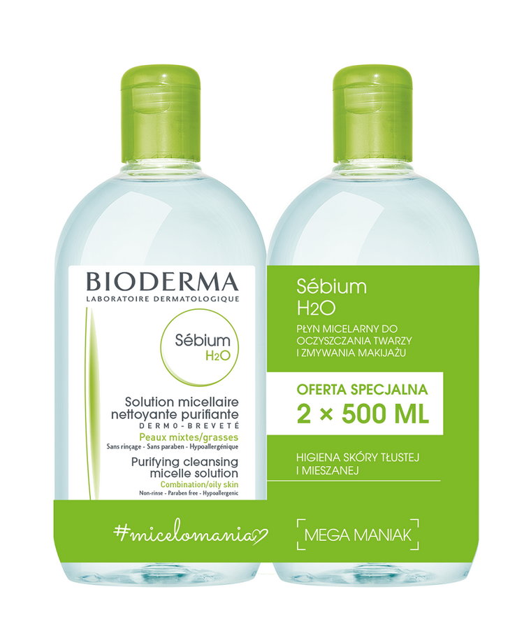 Bioderma Sebium H2O Płyn micelarny do skóry tłustej i mieszanej, 2 x 500 ml