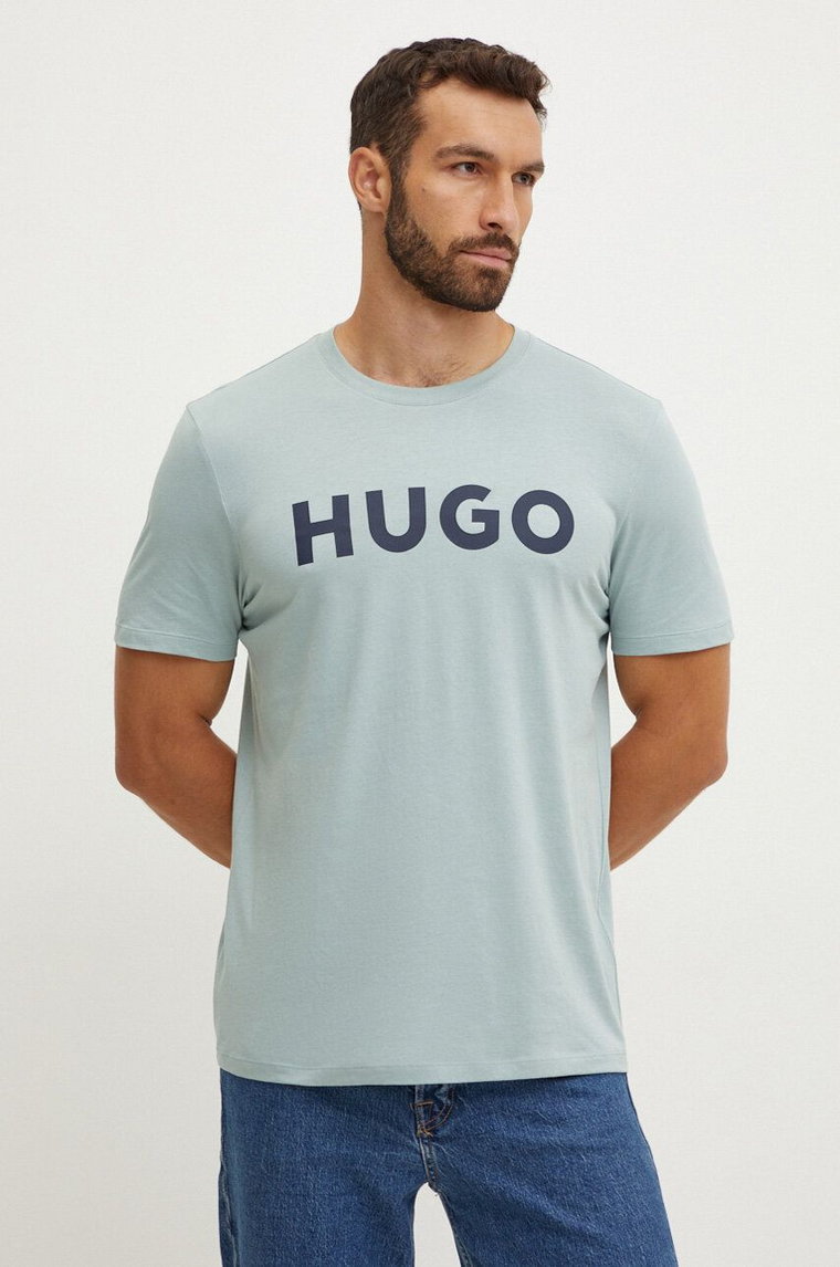 HUGO t-shirt bawełniany kolor zielony z nadrukiem 50467556