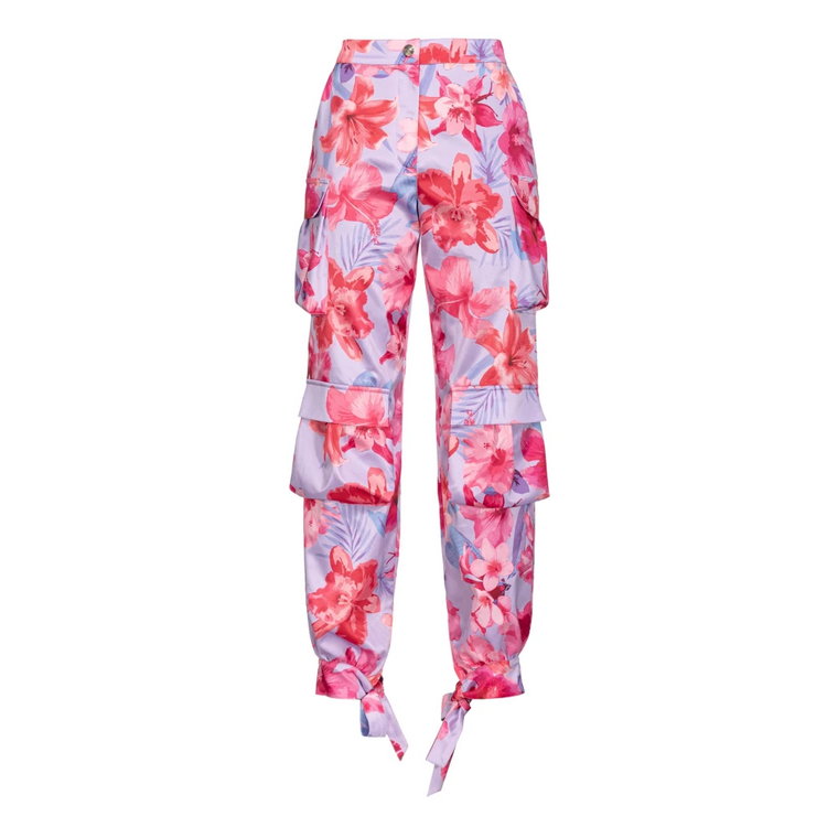 Satynowe spodnie cargo z nadrukiem tropikalnych kwiatów Pinko