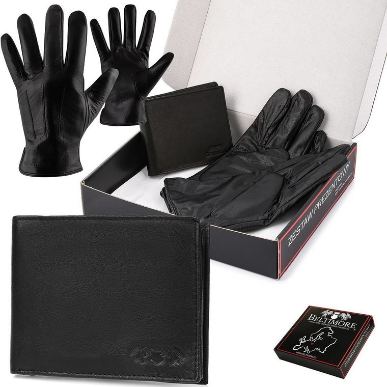 Zestaw męski skórzany portfel poziomy rękawiczki czarne Beltimore czarny S/M