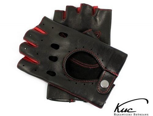 Skórzane rękawiczki bez palców, samochodowe, rowerowe - czerwone akcenty