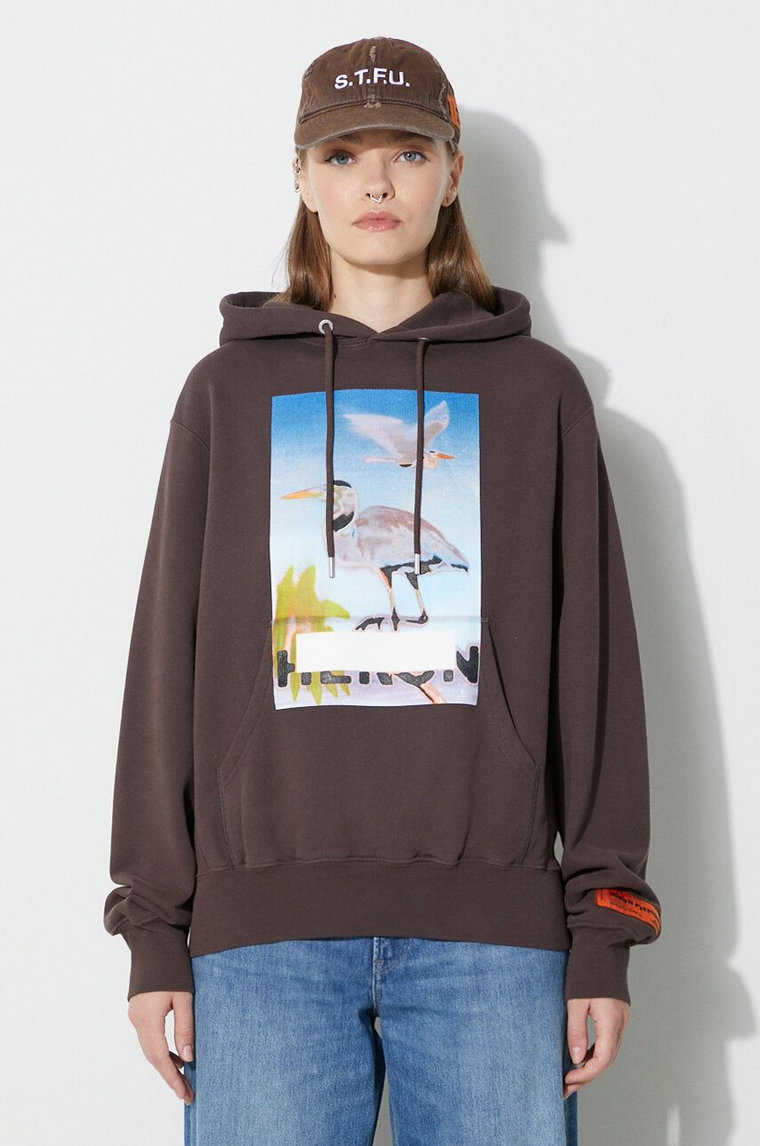 Heron Preston bluza bawełniana Heron Censored Hoodie damska kolor brązowy z kapturem z nadrukiem HWBB024F23JER0036037