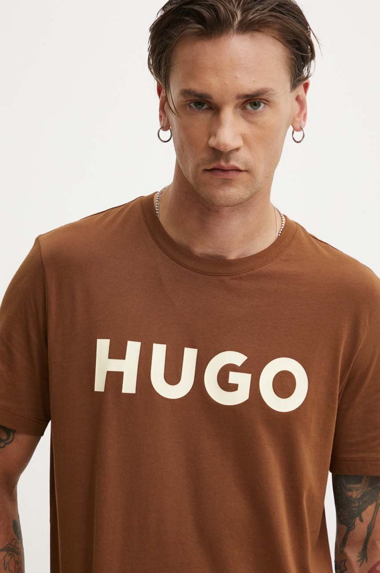 HUGO t-shirt bawełniany męski kolor brązowy z nadrukiem 50467556