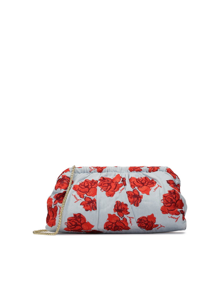 Torebka pouch bag z niebieskiej tkaniny w czerwone kwiaty