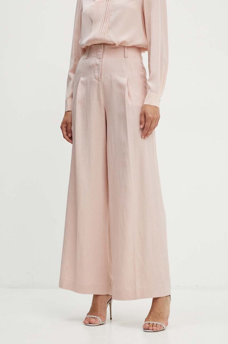 Karl Lagerfeld spodnie z domieszką lnu kolor różowy proste high waist 245W1006