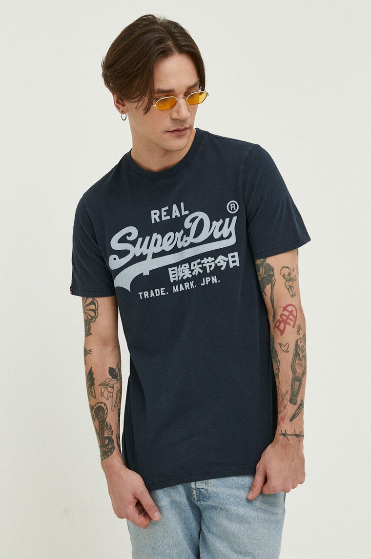 Superdry t-shirt bawełniany kolor granatowy z nadrukiem