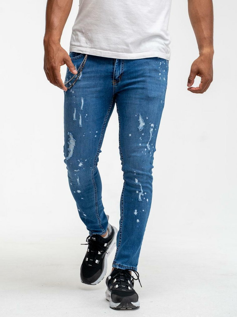 Spodnie Jeansowe Z Uszkodzeniami Skinny Męskie Rodeo Laser Niebieskie i8 Denim Damage