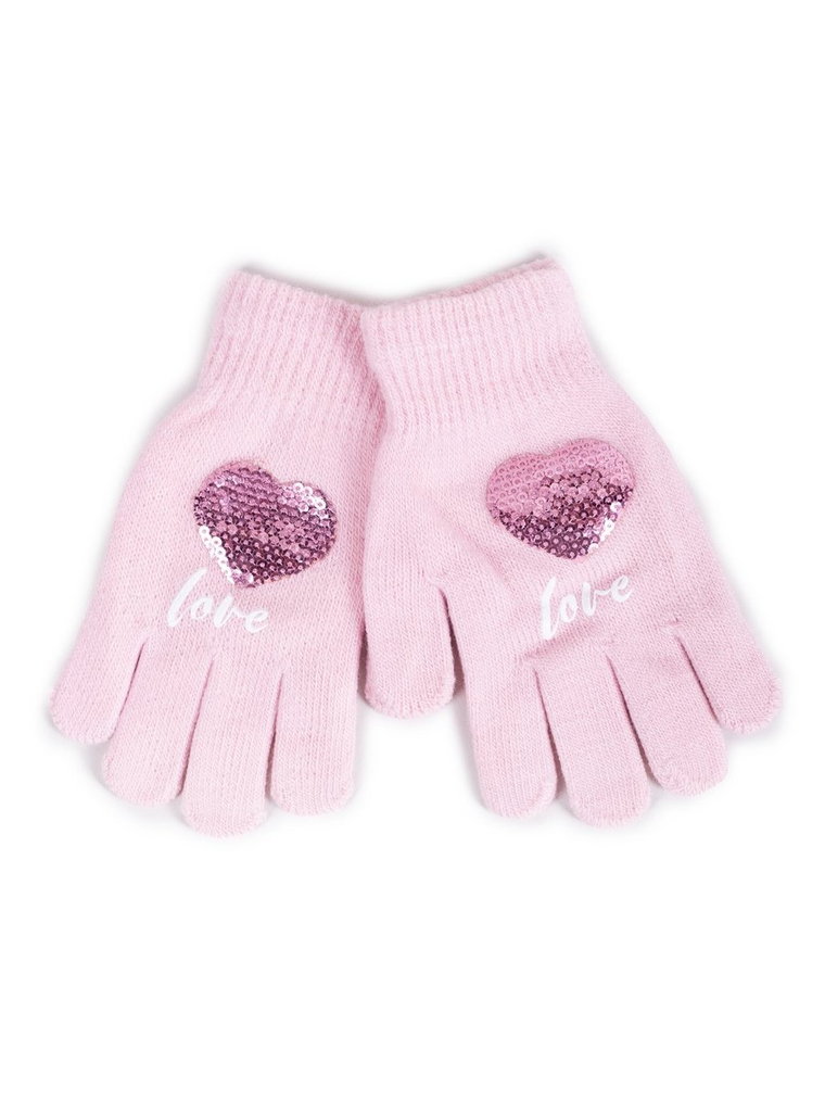 Rękawiczki Dziewczęce Pięciopalczaste Z Cekinami Love Różowe 14 Cm