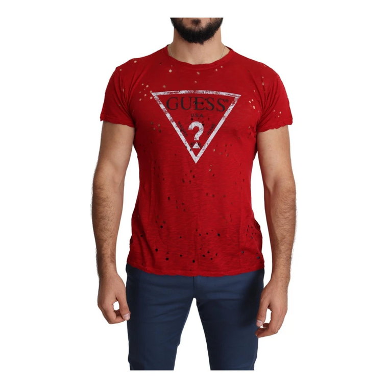 Czerwona Bawełniana Koszulka z Okrągłym Dekoltem Włochy Guess