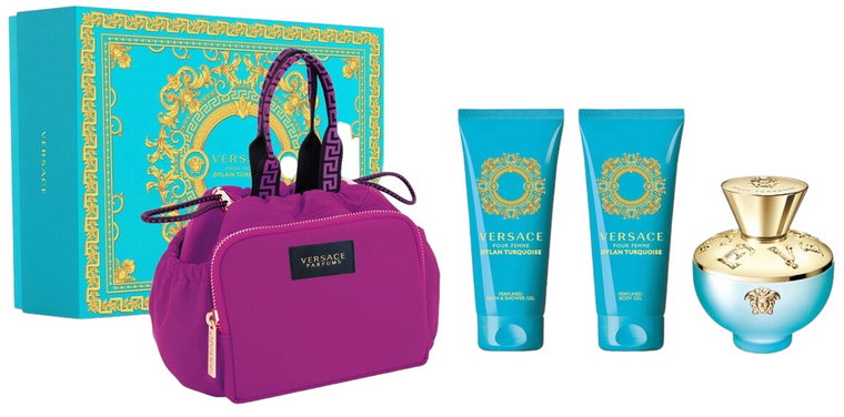 Zestaw prezentowy damski Versace Pour Femme Dylan Torquoise Kosmetyczka + Żel pod prysznic 100 ml + Balsam do ciała 100 ml + Woda toaletowa 100 ml (8011003885008). Perfumy damskie