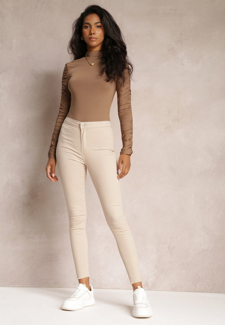 Beżowe Spodnie Skinny High Waist Feniva