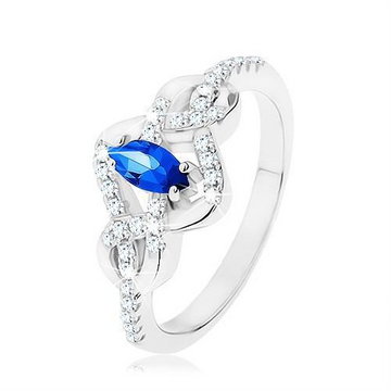 Srebrny pierścionek 925, niebieski cyrkoniowy owal, przeplecione linie zdobione cyrkoniami - Rozmiar : 52
