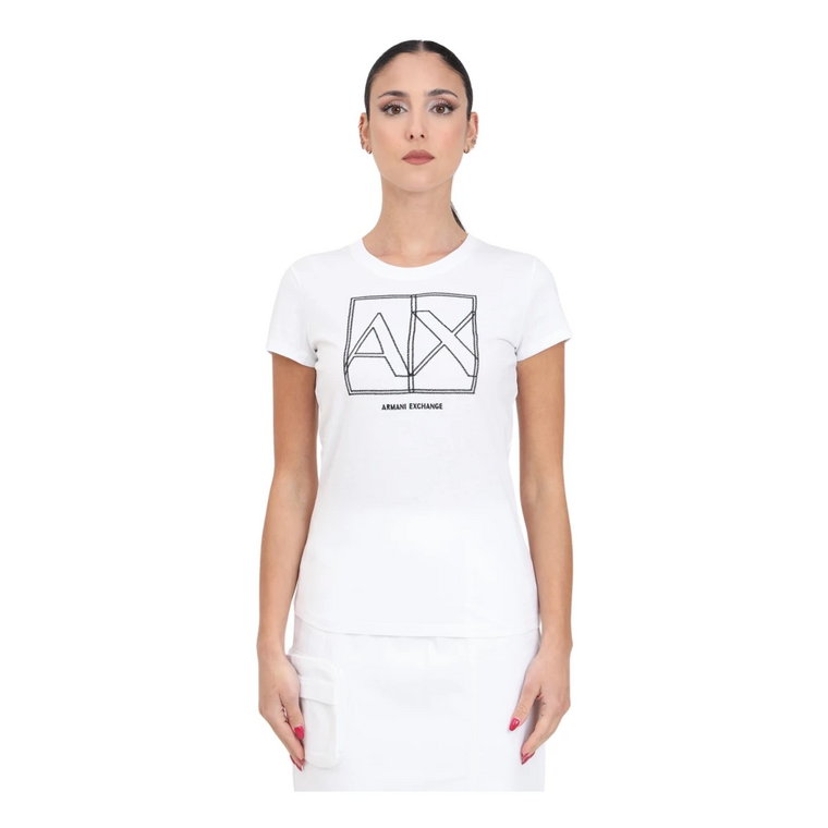 Biała Koszulka z Haftowanym Logo Wiosna/Lato Armani Exchange