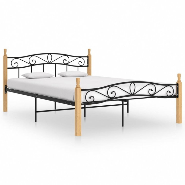 Rama łóżka, czarny metal i lite drewno dębowe, 160x200 cm kod: V-324915