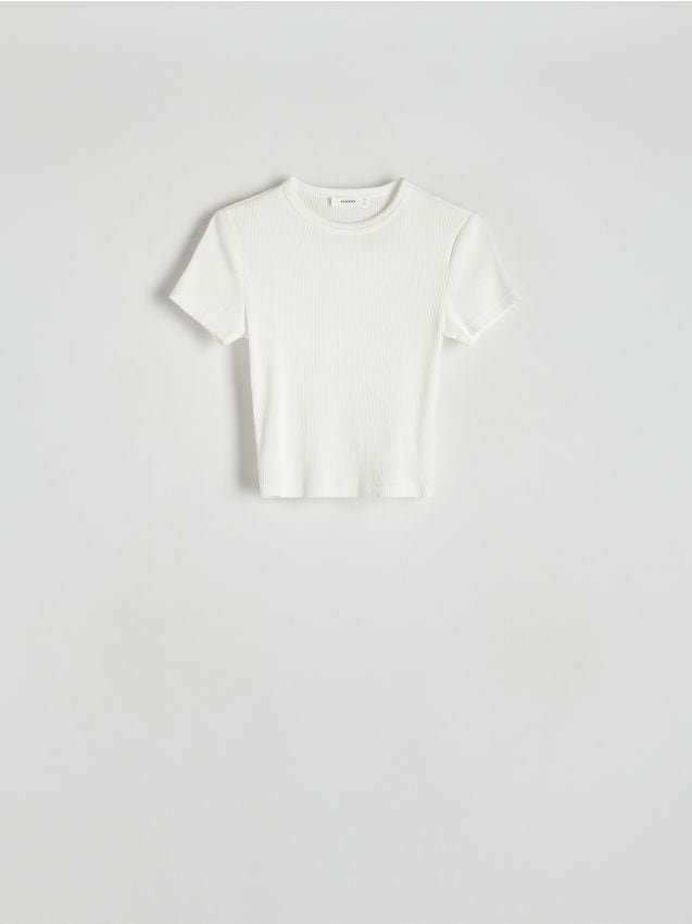 Reserved - Bawełniany t-shirt w prążek - biały