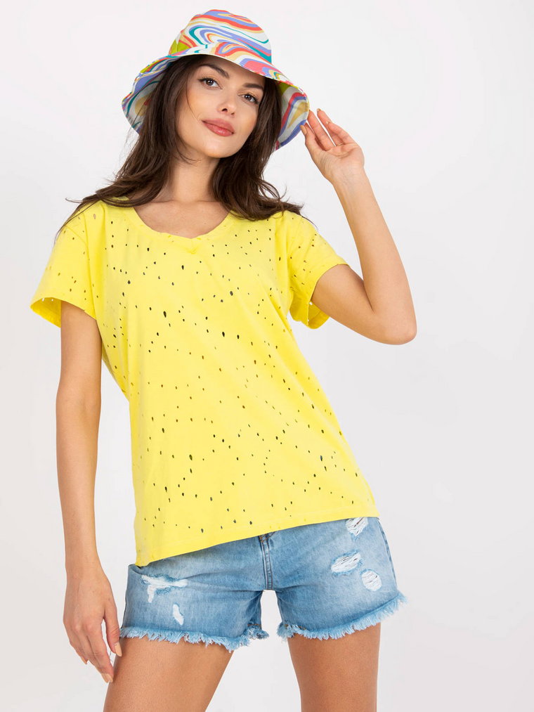 T-shirt jednokolorowy żółty casual dekolt w kształcie V rękaw krótki dziury